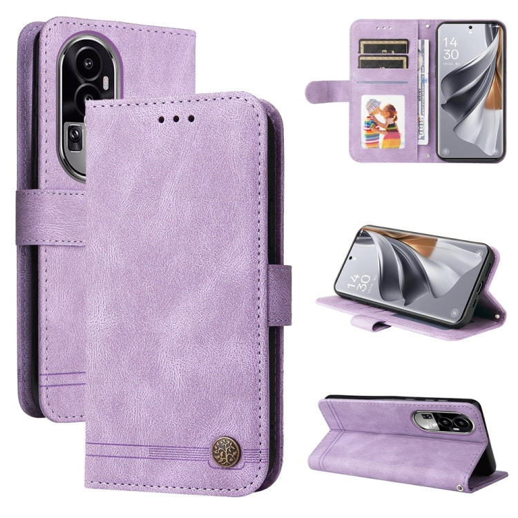 

For OPPO Reno10 5G / Reno10 Pro 5G Global Skin Feel Life Tree Metal Button Leather Phone Case(Purple)