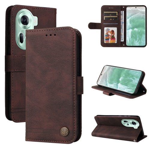 

For OPPO Reno11 5G Global Skin Feel Life Tree Metal Button Leather Phone Case(Brown)