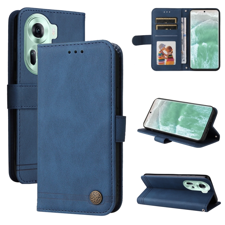 

For OPPO Reno11 5G Global Skin Feel Life Tree Metal Button Leather Phone Case(Blue)