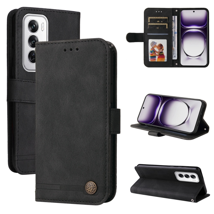 

For OPPO Reno12 5G Global Skin Feel Life Tree Metal Button Leather Phone Case(Black)