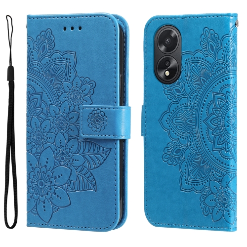 

For OPPO A38 4G / A18 4G Global 7-petal Flowers Embossing Leather Phone Case(Blue)