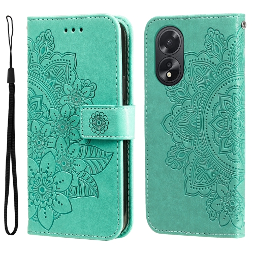 

For OPPO A38 4G / A18 4G Global 7-petal Flowers Embossing Leather Phone Case(Green)