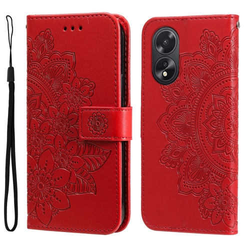 

For OPPO A38 4G / A18 4G Global 7-petal Flowers Embossing Leather Phone Case(Red)
