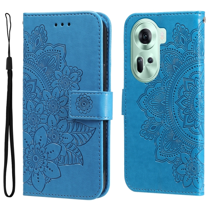 

For OPPO Reno11 5G Global 7-petal Flowers Embossing Leather Phone Case(Blue)