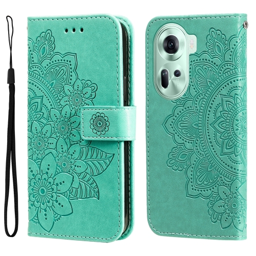 

For OPPO Reno11 5G Global Seven-petal Flowers Embossing Leather Phone Case(Green)