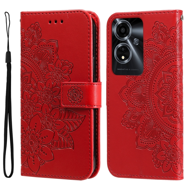 

For OPPO A59 5G / A2m Seven-petal Flowers Embossing Leather Phone Case(Red)