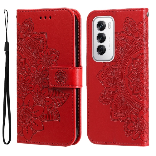 

For OPPO Reno12 5G Global Seven-petal Flowers Embossing Leather Phone Case(Red)