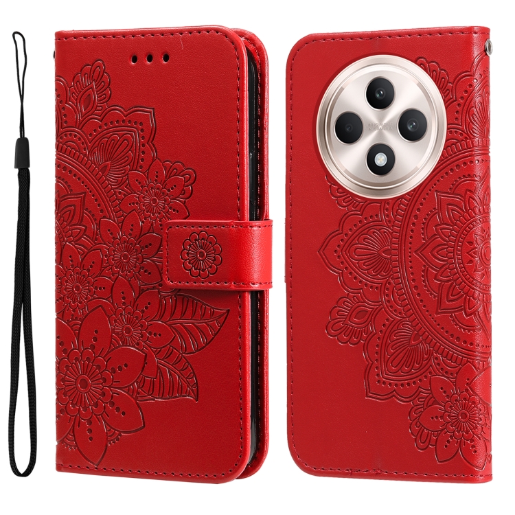 

For OPPO Reno12 F 4G Seven-petal Flowers Embossing Leather Phone Case(Red)