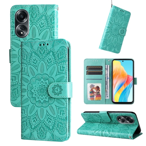 

For OPPO A58 4G Embossed Sunflower Leather Phone Case(Green)