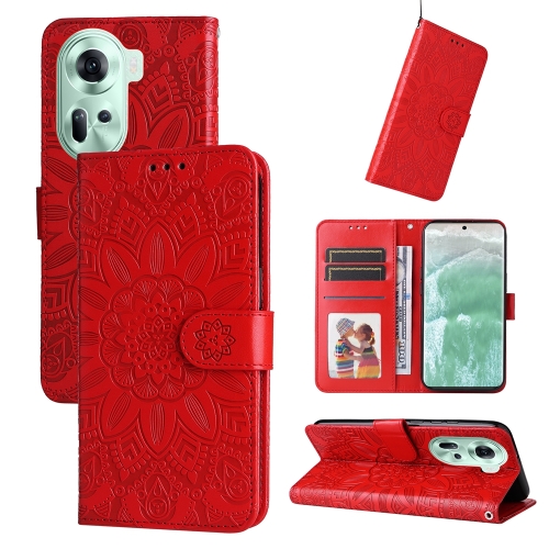 

For OPPO Reno11 5G Global Embossed Sunflower Leather Phone Case(Red)
