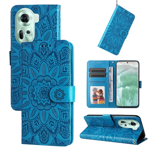 

For OPPO Reno11 5G Global Embossed Sunflower Leather Phone Case(Blue)