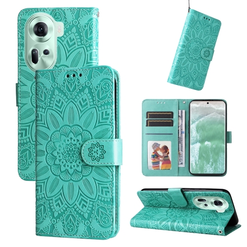 

For OPPO Reno11 5G Global Embossed Sunflower Leather Phone Case(Green)