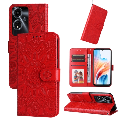 

For OPPO A59 5G / A2m Embossed Sunflower Leather Phone Case(Red)