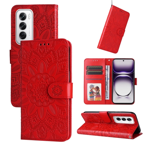 

For OPPO Reno12 5G Global Embossed Sunflower Leather Phone Case(Red)