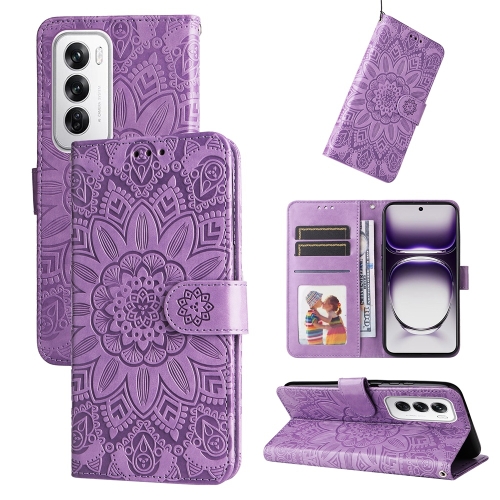 

For OPPO Reno12 5G Global Embossed Sunflower Leather Phone Case(Purple)