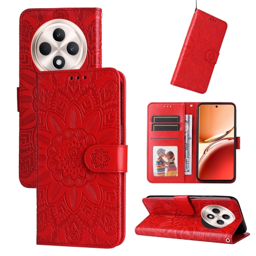 

For OPPO Reno12 F 5G Global / Reno12 F 4G Embossed Sunflower Leather Phone Case(Red)