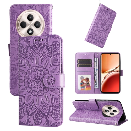 

For OPPO Reno12 F 5G Global / Reno12 F 4G Embossed Sunflower Leather Phone Case(Purple)