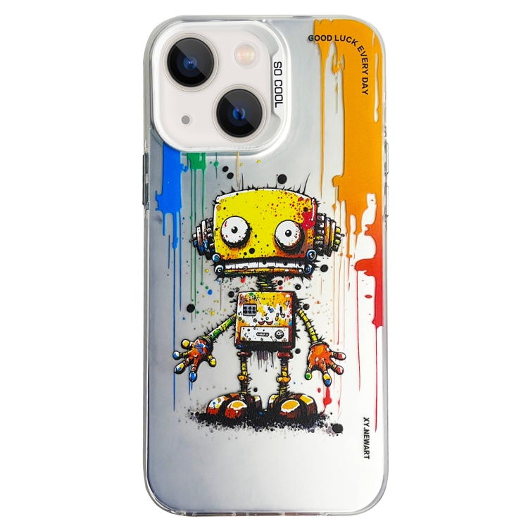 

For iPhone 14 Double Layer Color Silver Series Animal Oil Painting Phone Case(Robot)