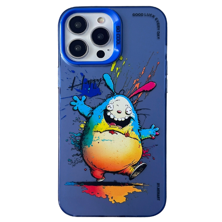 

For iPhone 14 Pro Double Layer Color Silver Series Animal Oil Painting Phone Case(Happy Rabbit)