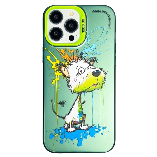 For iPhone 14 Pro Max Double Layer Color Silver Series Animal Oil Painting Phone Case(White Dog)