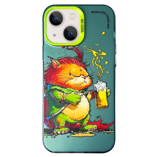 For iPhone 13 Double Layer Color Silver Series Animal Oil Painting Phone Case(Beer Cat)