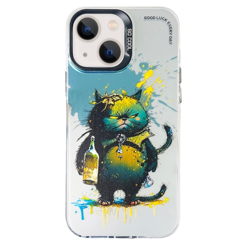 

For iPhone 13 Double Layer Color Silver Series Animal Oil Painting Phone Case(Angry Cat)