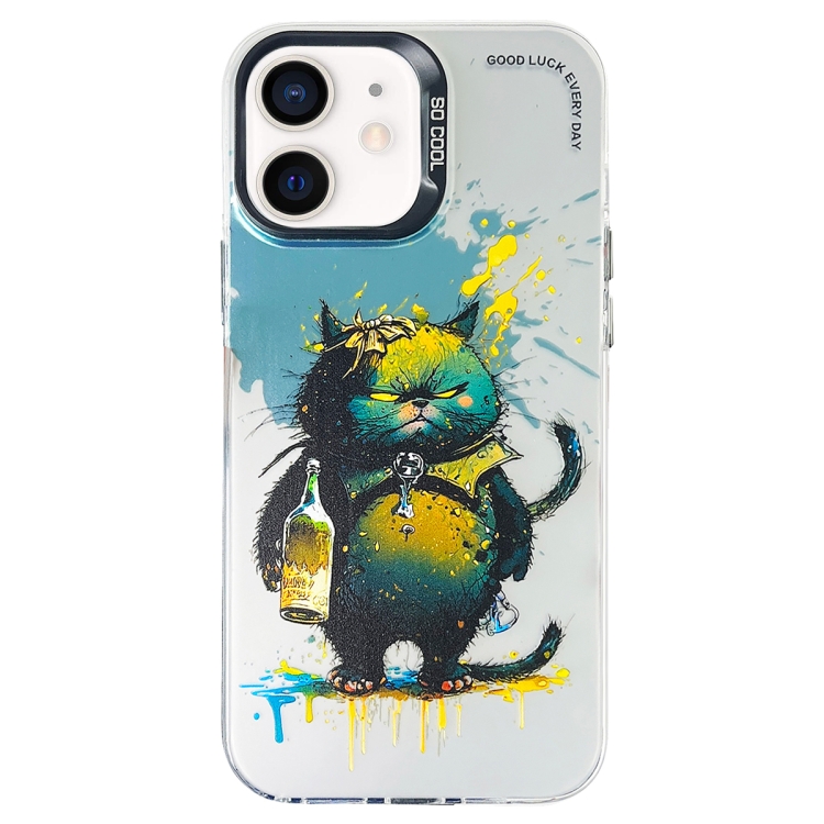 

For iPhone 12 Double Layer Color Silver Series Animal Oil Painting Phone Case(Angry Cat)