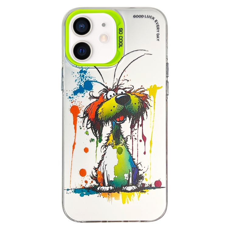 

For iPhone 11 Double Layer Color Silver Series Animal Oil Painting Phone Case(Green Dog)