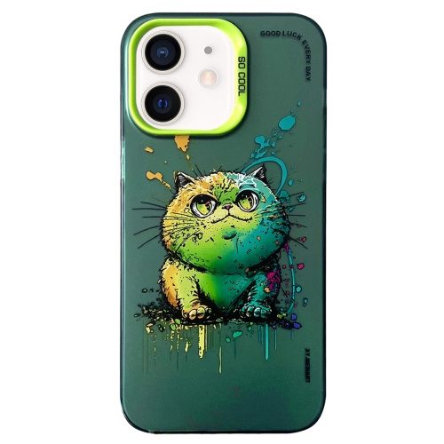 

For iPhone 11 Double Layer Color Silver Series Animal Oil Painting Phone Case(Green Cat)