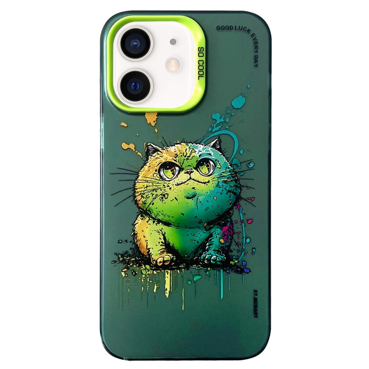 

For iPhone 11 Double Layer Color Silver Series Animal Oil Painting Phone Case(Green Cat)