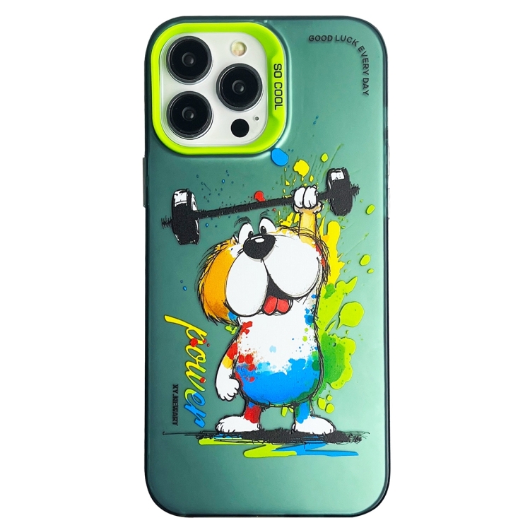

For iPhone 15 Pro Max Double Layer Color Silver Series Animal Oil Painting Phone Case(Weightlifting Dog)