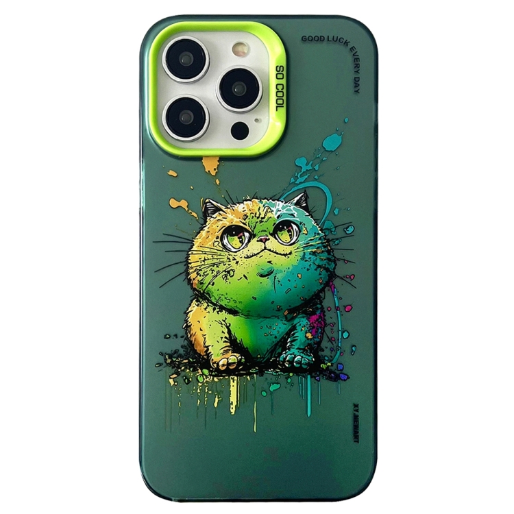 

For iPhone 15 Pro Double Layer Color Silver Series Animal Oil Painting Phone Case(Green Cat)