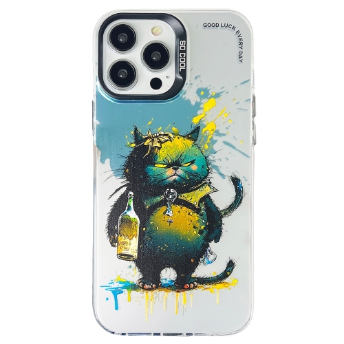 

For iPhone 15 Pro Double Layer Color Silver Series Animal Oil Painting Phone Case(Angry Cat)