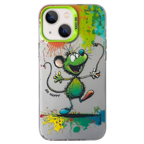 

For iPhone 15 Plus Double Layer Color Silver Series Animal Oil Painting Phone Case(Happy Mouse)