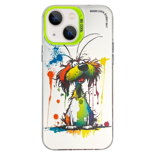 

For iPhone 15 Double Layer Color Silver Series Animal Oil Painting Phone Case(Green Dog)