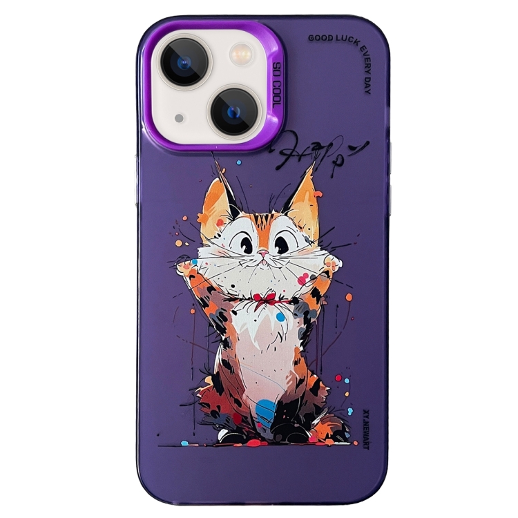 

For iPhone 15 Double Layer Color Silver Series Animal Oil Painting Phone Case(Cuddle Cat)