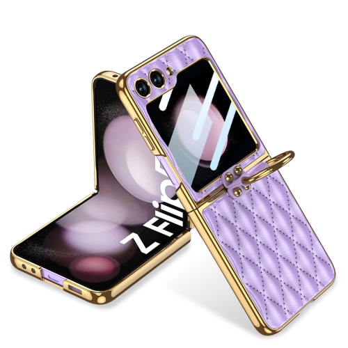 

For Samsung Galaxy Z Flip5 GKK Integrated Plating Diamond Texture PU Phone Case with Ring(Purple)