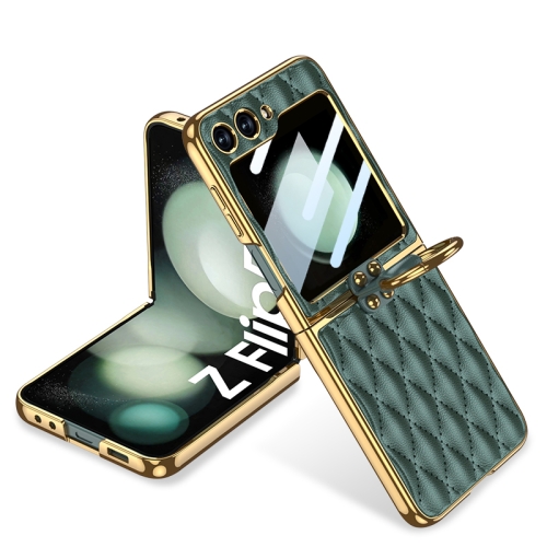 

For Samsung Galaxy Z Flip5 GKK Integrated Plating Diamond Texture PU Phone Case with Ring(Green)