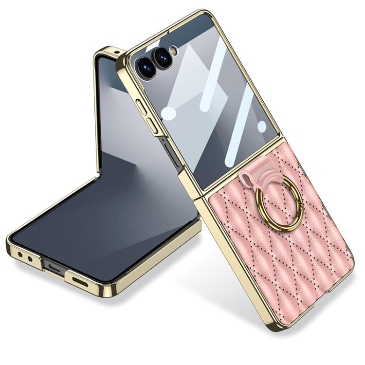 

For Samsung Galaxy Z Flip7 5G GKK Integrated Plating Diamond Texture PU Phone Case with Ring(Pink)