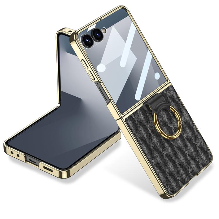 For Samsung Galaxy Z Flip7 5G GKK Integrated Plating Diamond Texture PU Phone Case with Ring(Black)