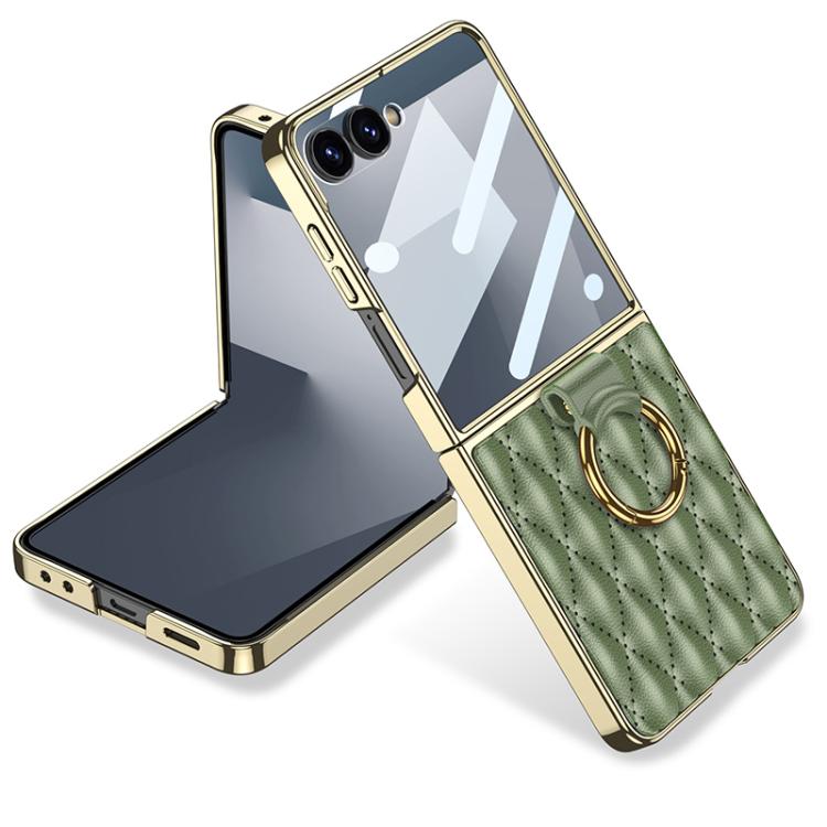 

For Samsung Galaxy Z Flip7 5G GKK Integrated Plating Diamond Texture PU Phone Case with Ring(Matcha Green)