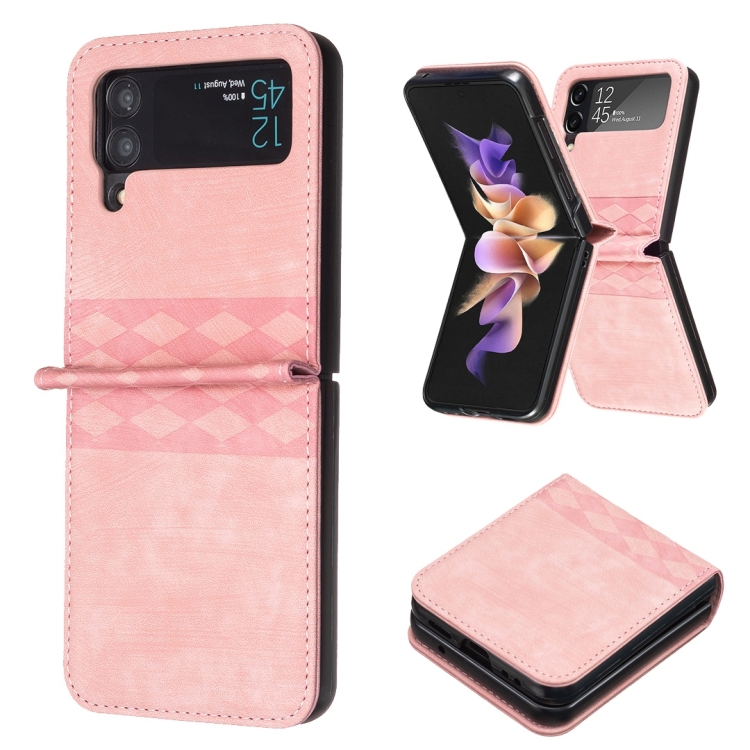 

For Samsung Galaxy Z Flip3 5G Plaid Embossed Leather Phone Case(Pink)