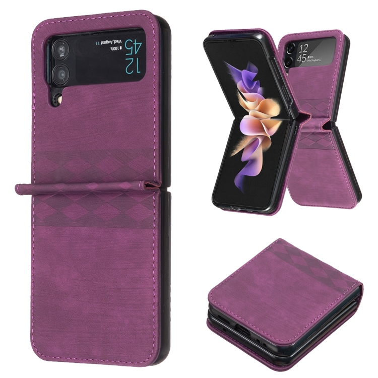 

For Samsung Galaxy Z Flip3 5G Plaid Embossed Leather Phone Case(Dark Purple)