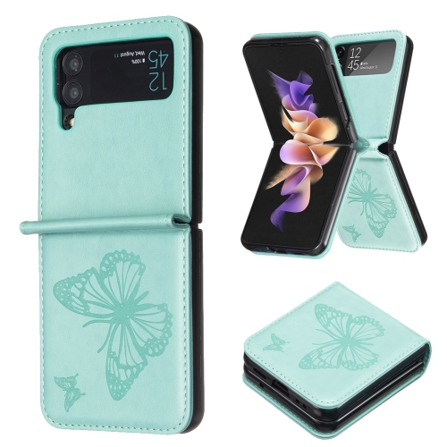 

For Samsung Galaxy Z Flip4 Embossing Two Butterflies Leather Phone Case(Green)