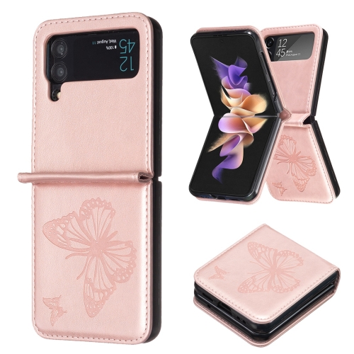 

For Samsung Galaxy Z Flip4 Embossing Two Butterflies Leather Phone Case(Rose Gold)