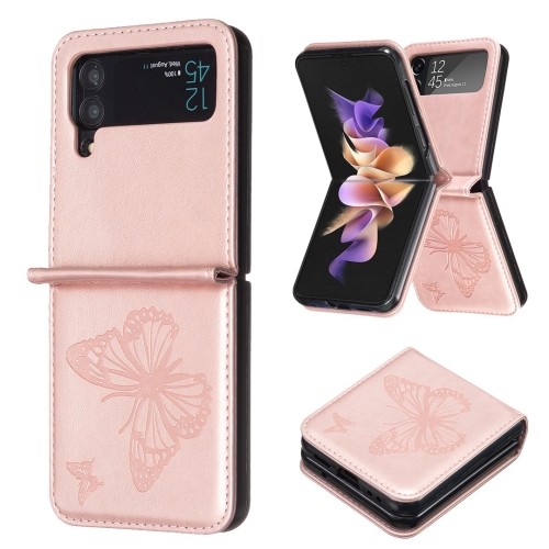 

For Samsung Galaxy Z Flip3 5G Embossing Two Butterflies Leather Phone Case(Rose Gold)