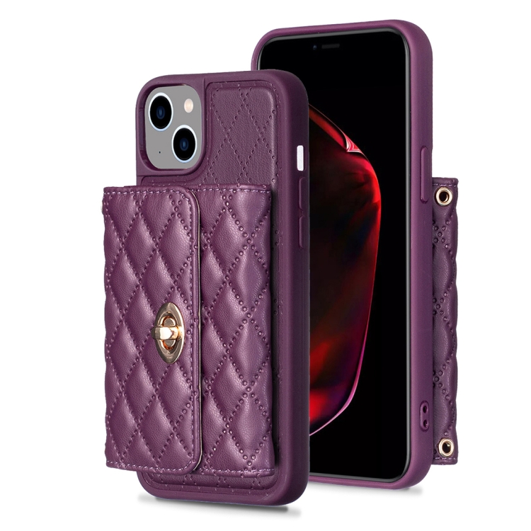 

For iPhone 15 Horizontal Wallet Rhombic Leather Phone Case(Dark Purple)