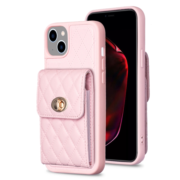 

For iPhone 15 Plus Vertical Wallet Rhombic Leather Phone Case(Pink)