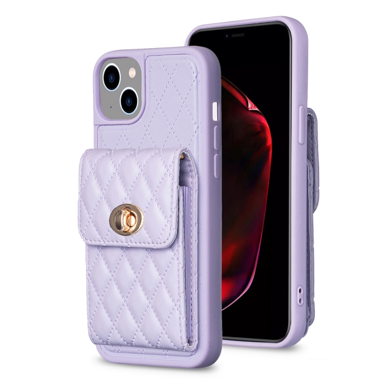 

For iPhone 15 Plus Vertical Wallet Rhombic Leather Phone Case(Purple)