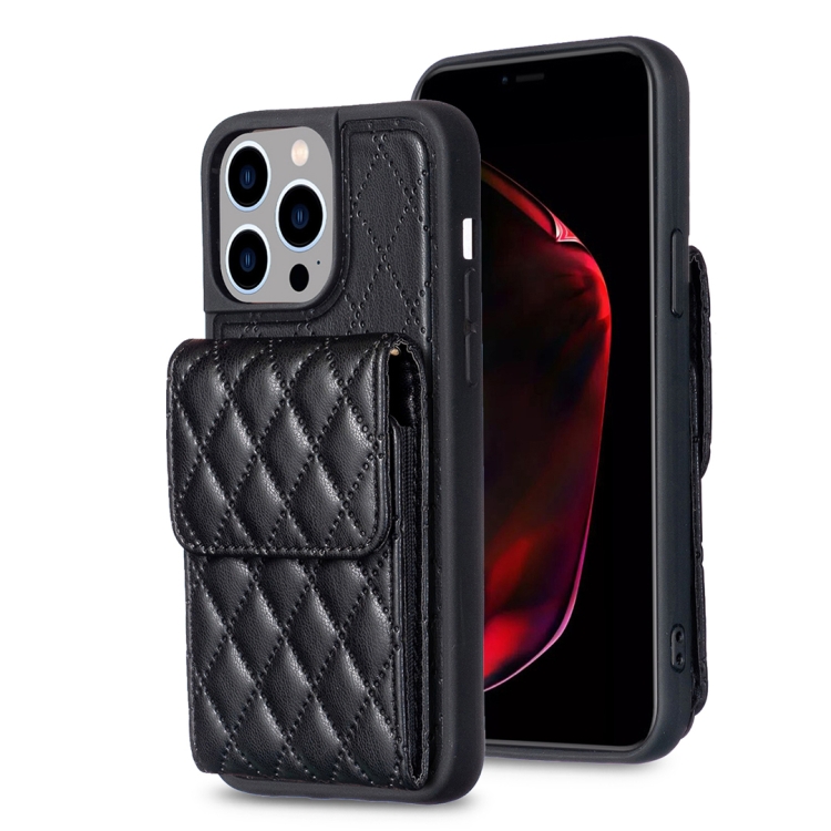 

For iPhone 15 Pro Max Vertical Wallet Rhombic Leather Phone Case(Black)
